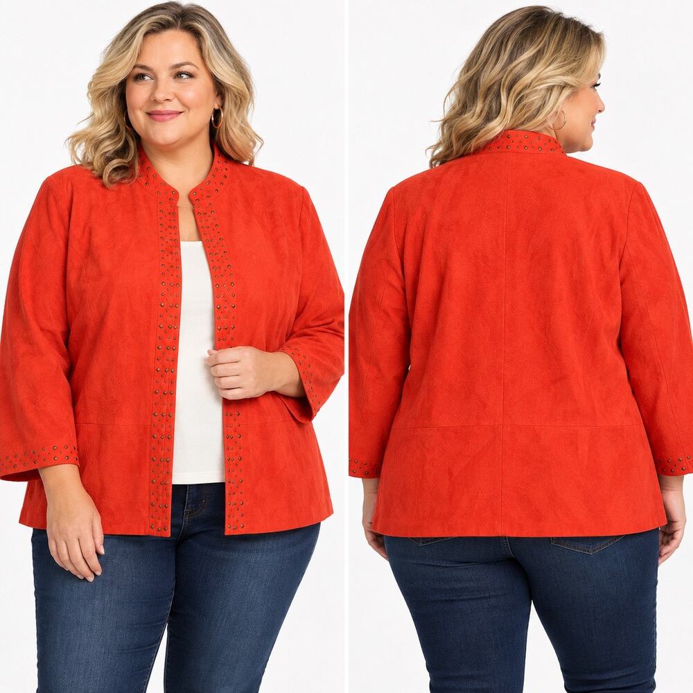 Alfred Dunner Coral Red Embellished Faux Suede Jacket 22W Boho Western